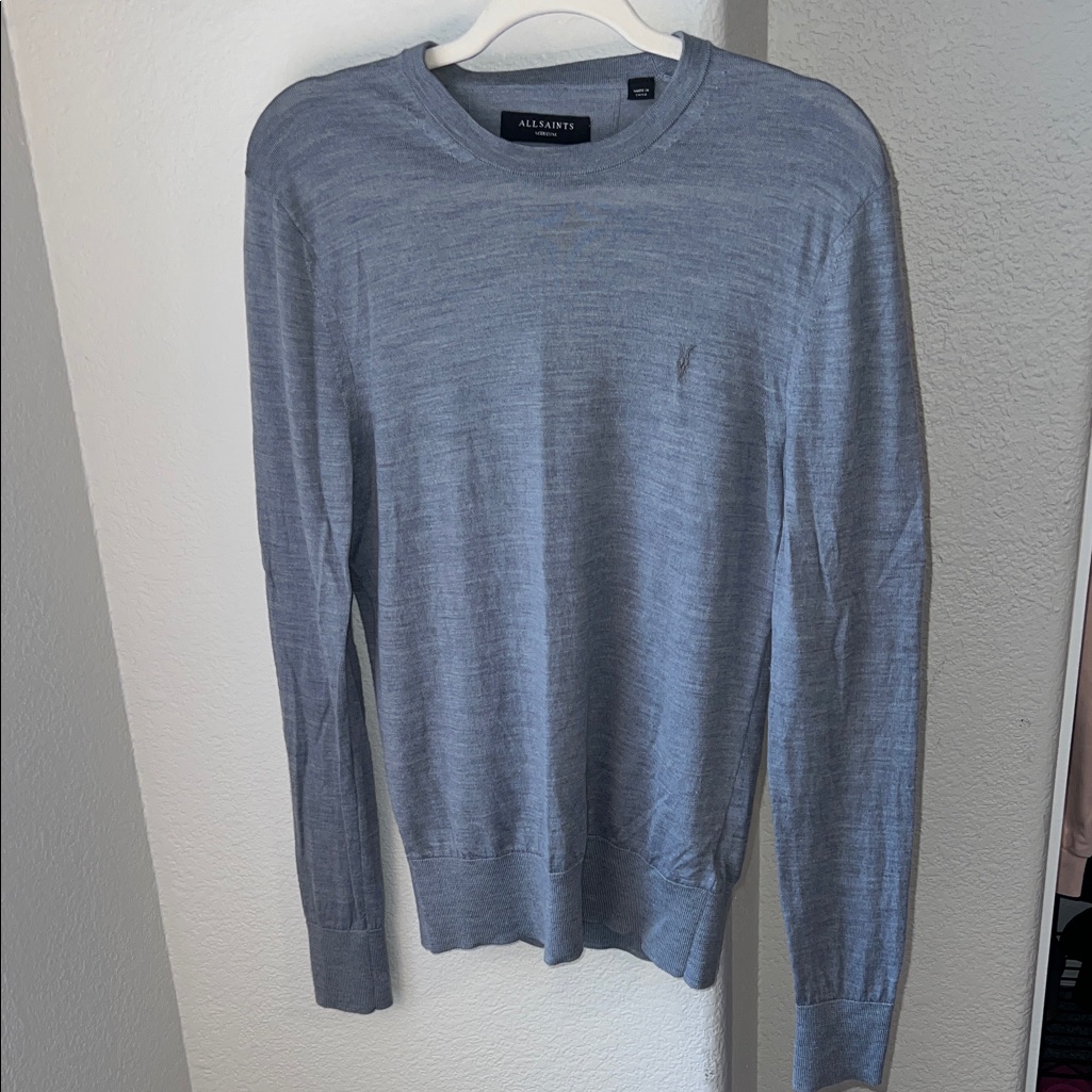 All Saints Men's Pitched Blue Merino Wool Sweater Size M